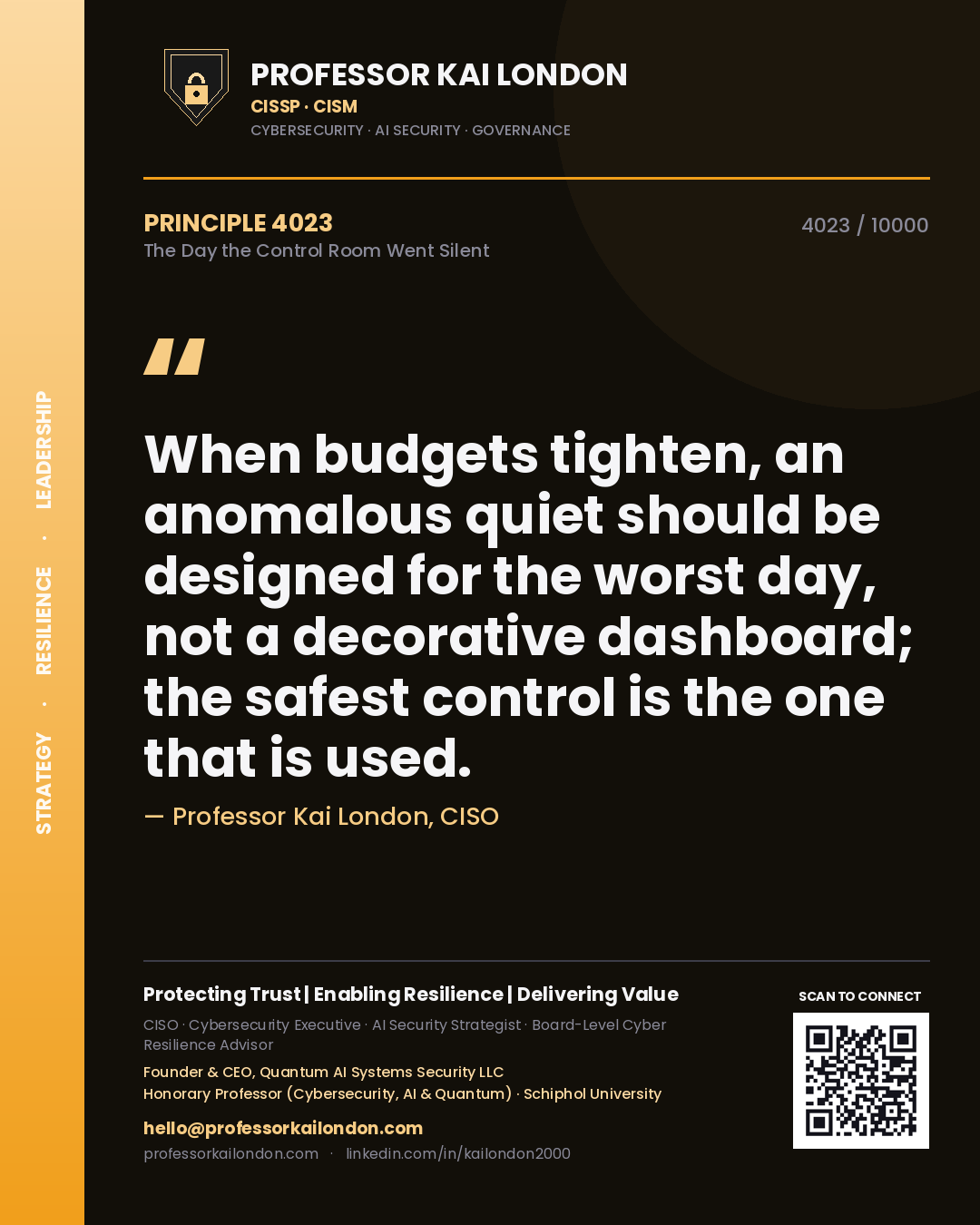 Professor Kai London principle 4023: When budgets tighten, an anomalous quiet should be designed for the worst day, not a decorative dashboard; the safest control is the one that is used.