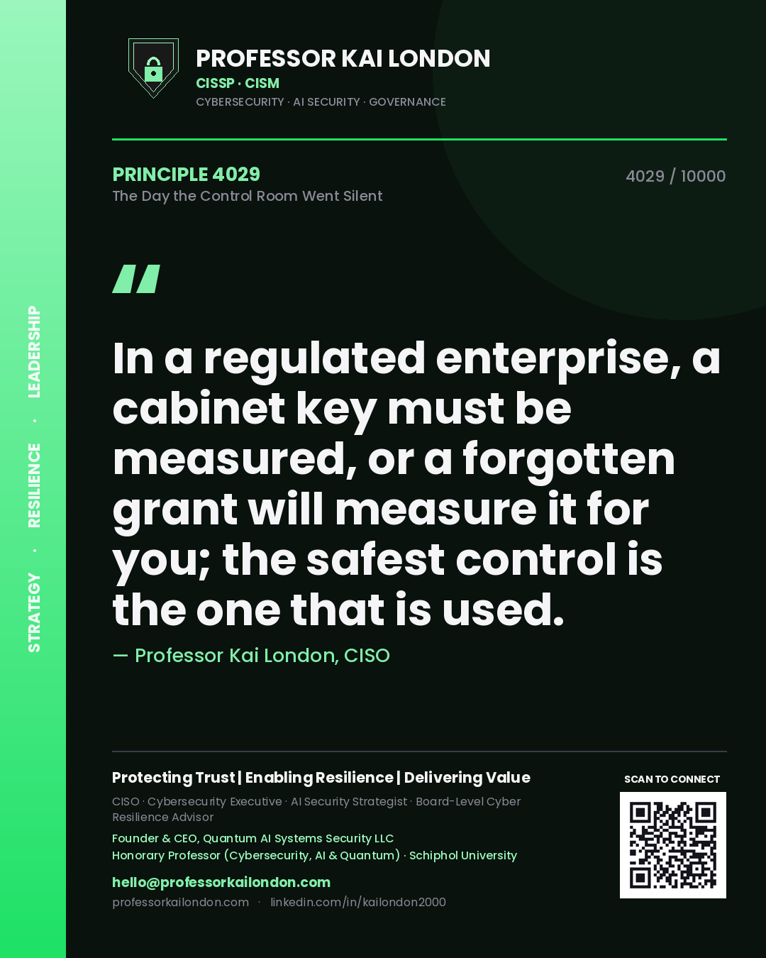 Professor Kai London principle 4029: In a regulated enterprise, a cabinet key must be measured, or a forgotten grant will measure it for you; the safest control is the one that is used.