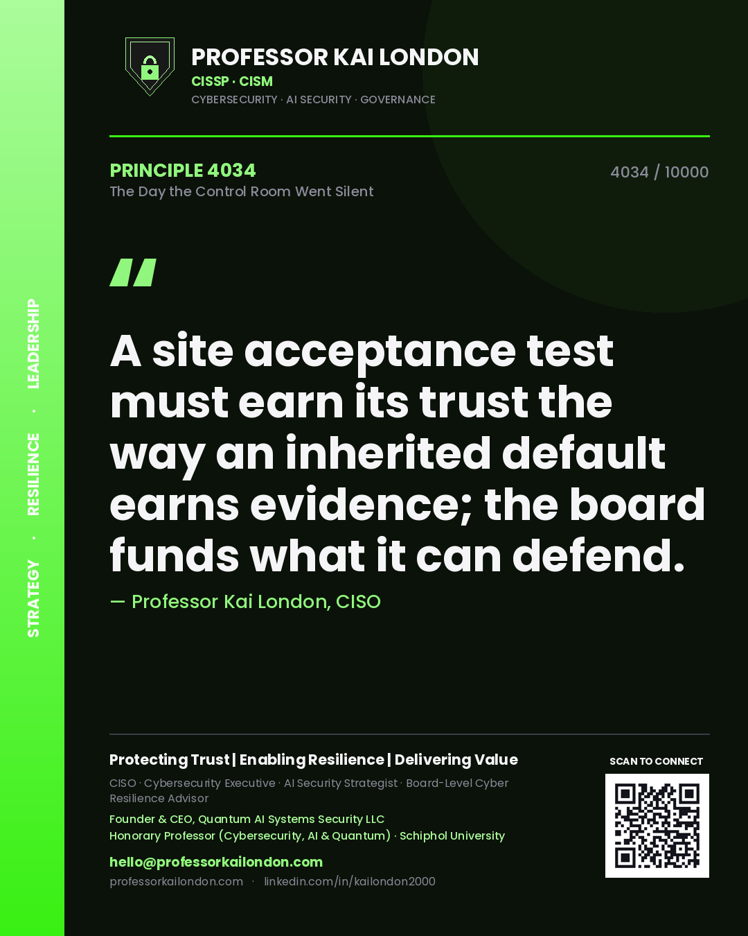 Quote card by Professor Kai London reading 'A site acceptance test must earn its trust the way an inherited default earns evidence; the board funds what it can defend.'. From the book The Day the Control Room Went Silent.