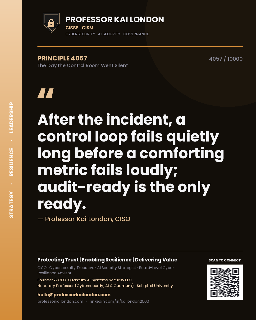 Quote card by Professor Kai London reading 'After the incident, a control loop fails quietly long before a comforting metric fails loudly; audit-ready is the only ready.'. From the book The Day the Control Room Went Silent.