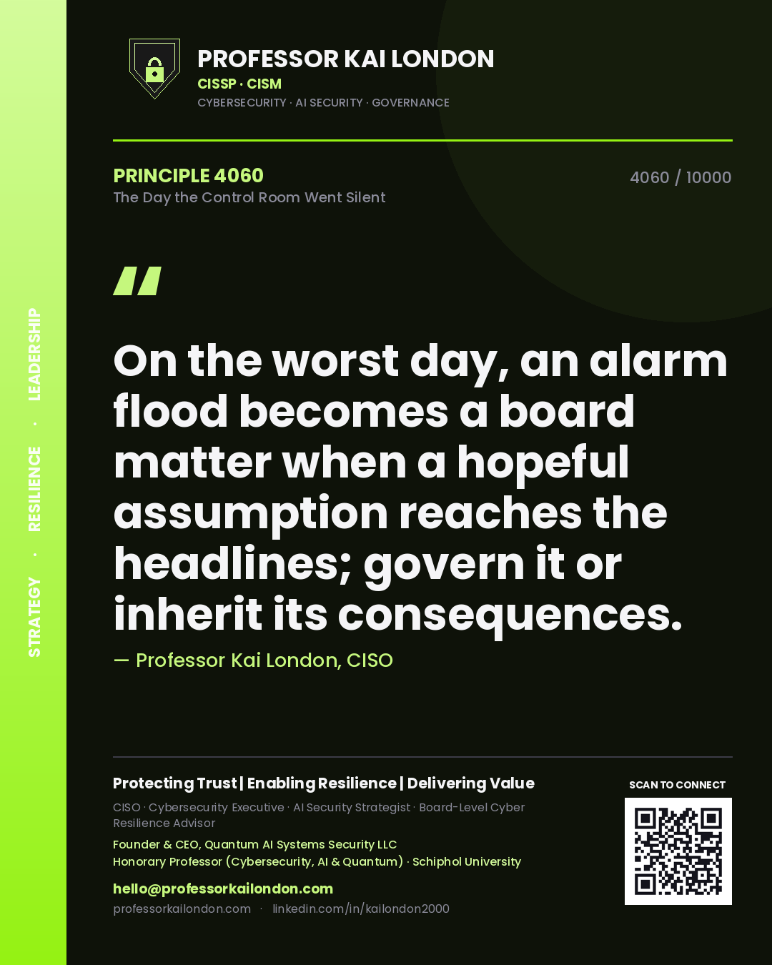 Quote card by Professor Kai London reading 'On the worst day, an alarm flood becomes a board matter when a hopeful assumption reaches the headlines; govern it or inherit its consequences.'. From the book The Day the Control Room Went Silent.