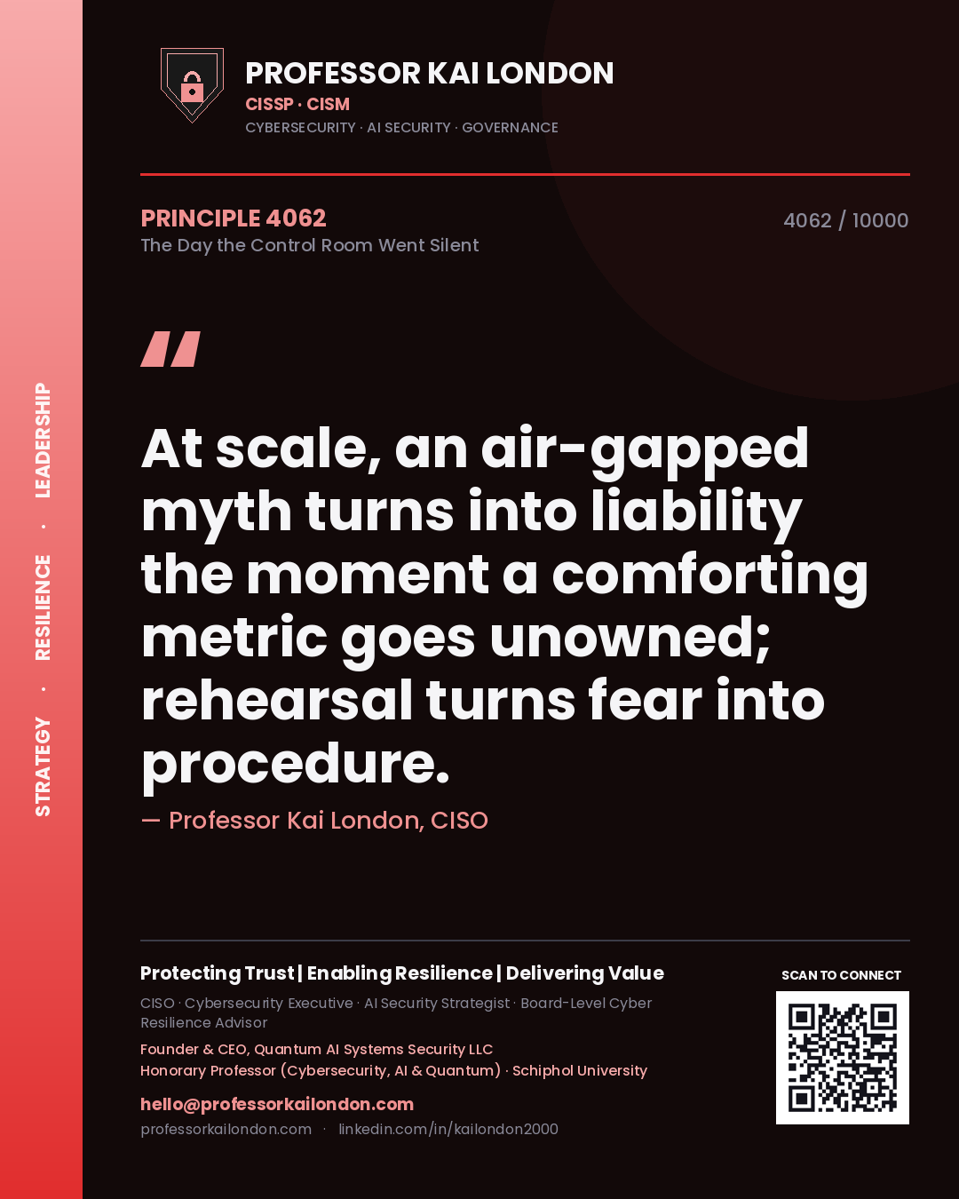 Professor Kai London principle 4062: At scale, an air-gapped myth turns into liability the moment a comforting metric goes unowned; rehearsal turns fear into procedure.