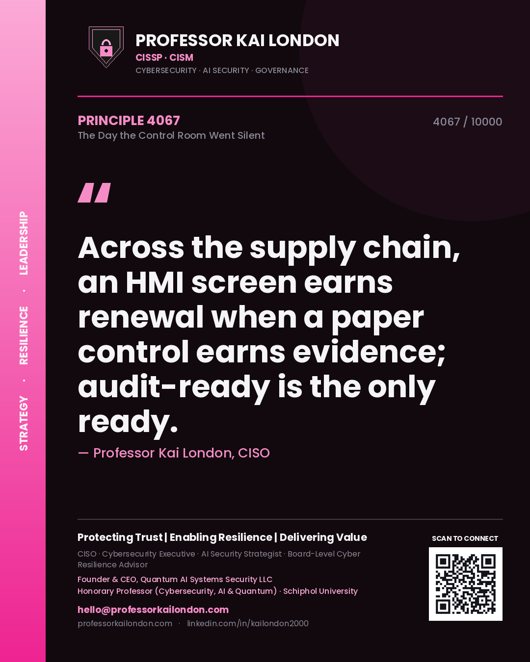 Professor Kai London principle 4067: Across the supply chain, an HMI screen earns renewal when a paper control earns evidence; audit-ready is the only ready.