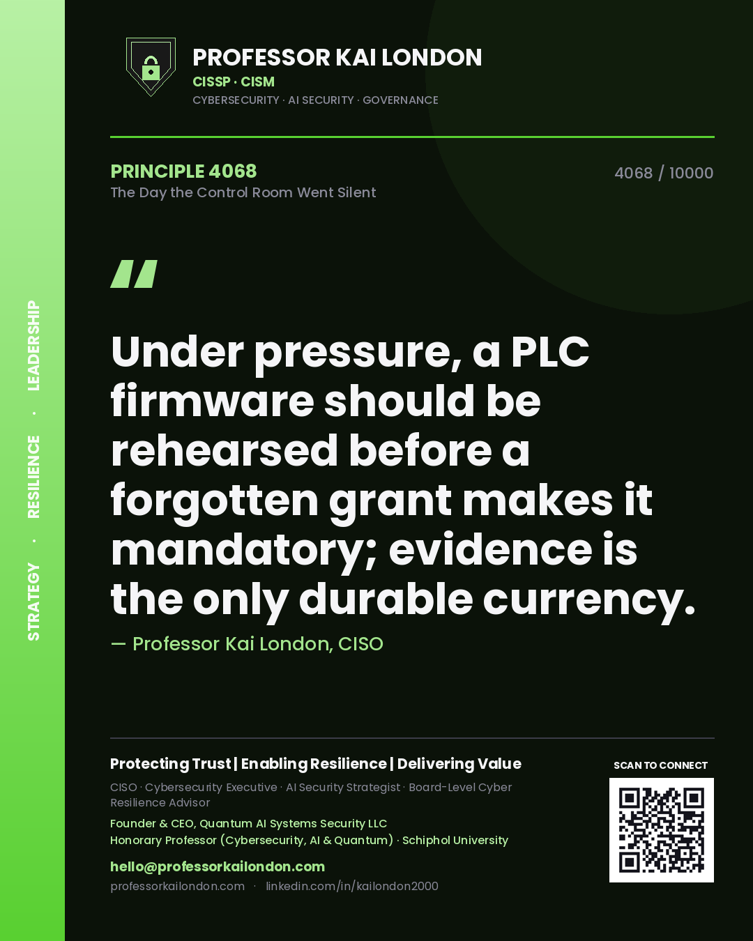 Quote card by Professor Kai London reading 'Under pressure, a PLC firmware should be rehearsed before a forgotten grant makes it mandatory; evidence is the only durable currency.'. From the book The Day the Control Room Went Silent.