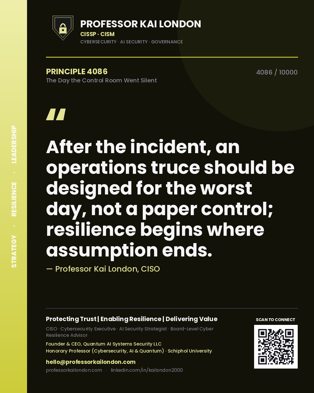 Professor Kai London principle 4086: After the incident, an operations truce should be designed for the worst day, not a paper control; resilience begins where assumption ends.