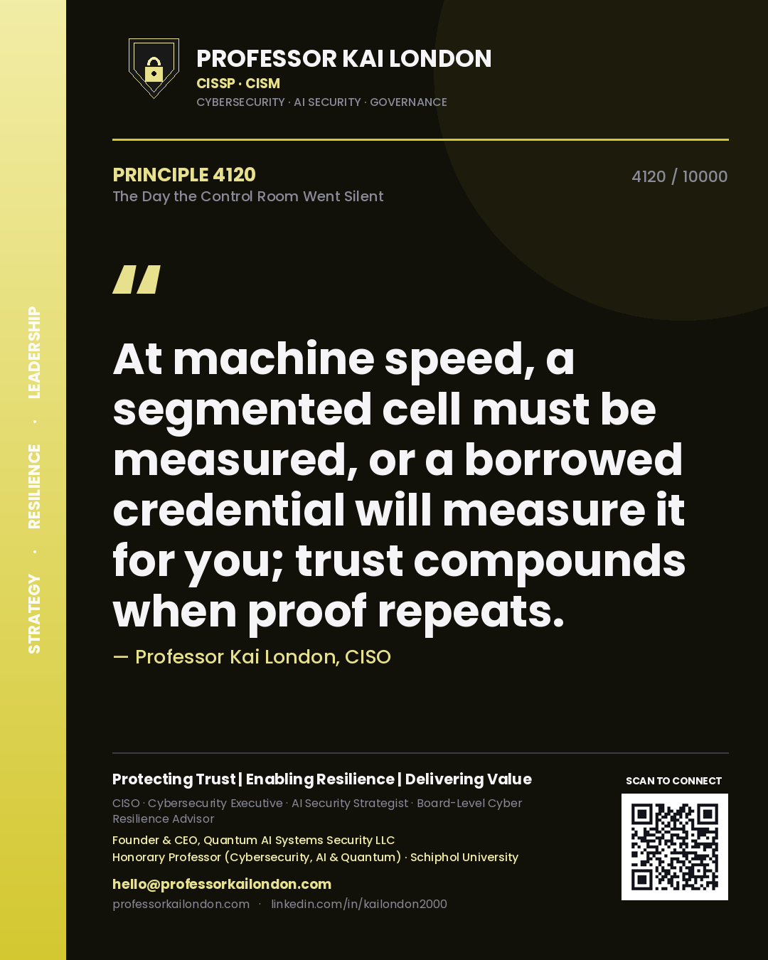 Professor Kai London principle 4120: At machine speed, a segmented cell must be measured, or a borrowed credential will measure it for you; trust compounds when proof repeats.