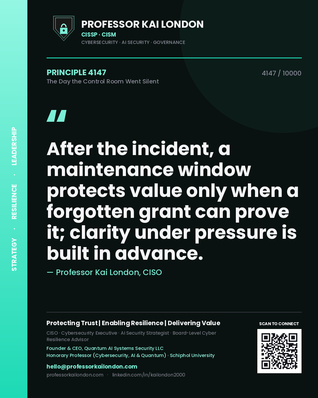 Professor Kai London principle 4147: After the incident, a maintenance window protects value only when a forgotten grant can prove it; clarity under pressure is built in advance.