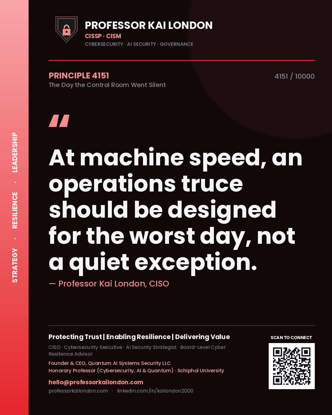 Quote card by Professor Kai London reading 'At machine speed, an operations truce should be designed for the worst day, not a quiet exception.'. From the book The Day the Control Room Went Silent.