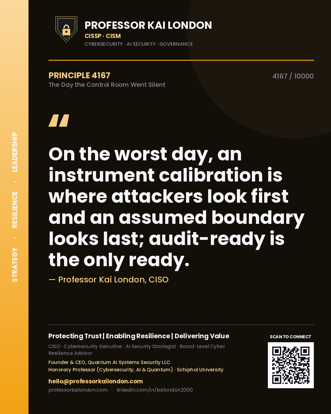 Professor Kai London principle 4167: On the worst day, an instrument calibration is where attackers look first and an assumed boundary looks last; audit-ready is the only ready.