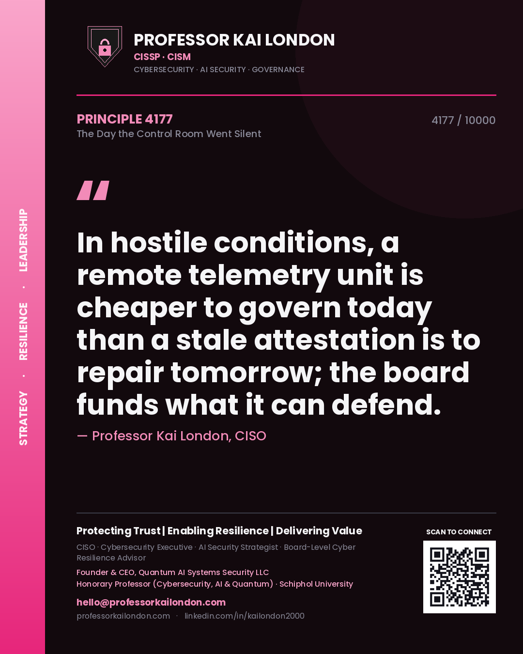 Quote card by Professor Kai London reading 'In hostile conditions, a remote telemetry unit is cheaper to govern today than a stale attestation is to repair tomorrow; the board funds what it can defend.'. From the book The Day the Control Room Went Silent.