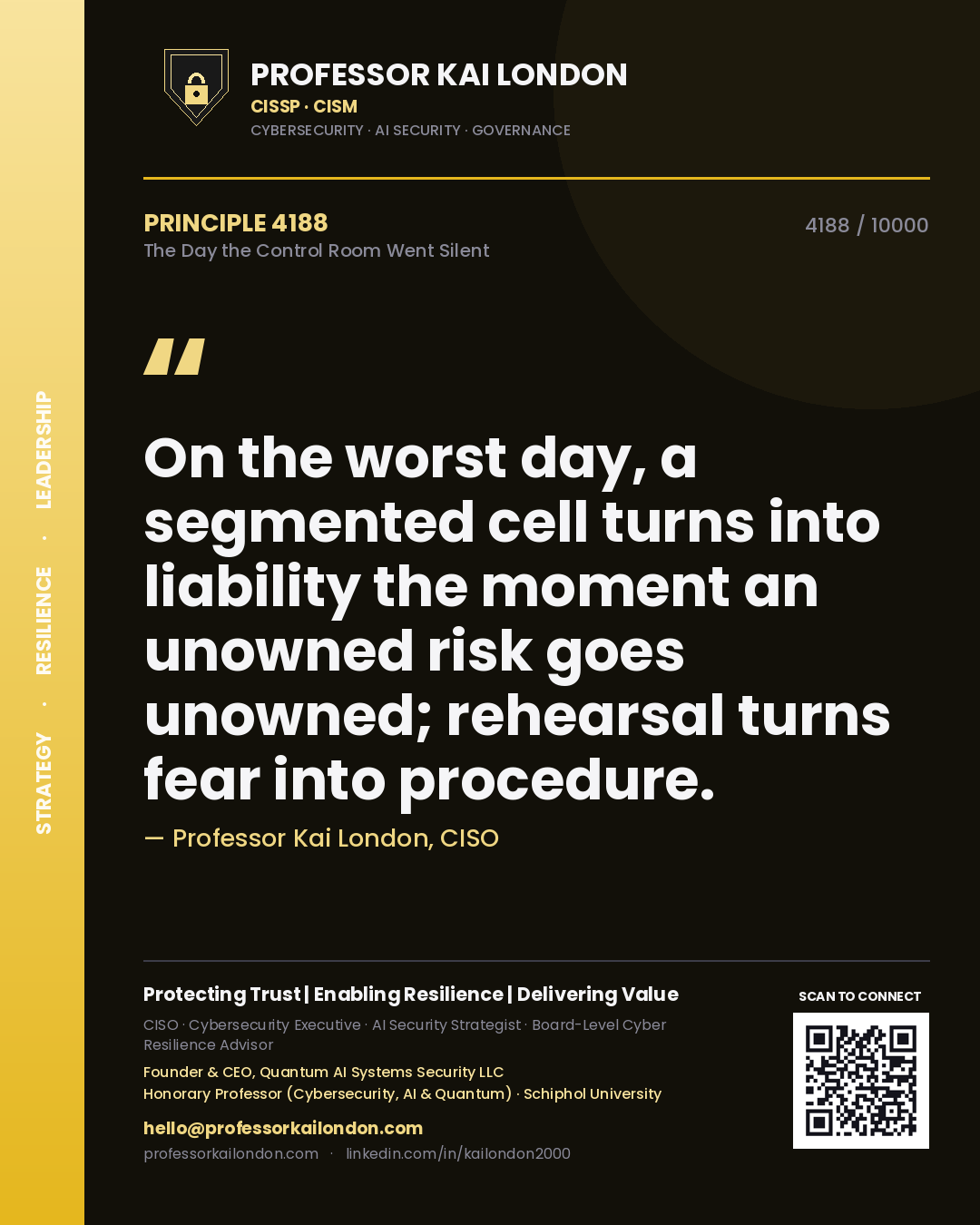 Professor Kai London principle 4188: On the worst day, a segmented cell turns into liability the moment an unowned risk goes unowned; rehearsal turns fear into procedure.