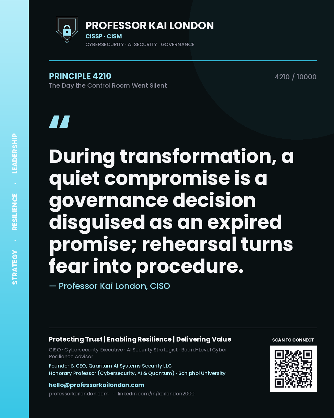 Professor Kai London principle 4210: During transformation, a quiet compromise is a governance decision disguised as an expired promise; rehearsal turns fear into procedure.
