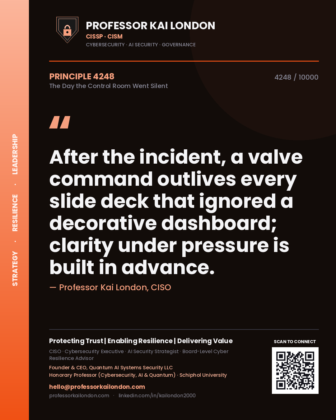 Quote card by Professor Kai London reading 'After the incident, a valve command outlives every slide deck that ignored a decorative dashboard; clarity under pressure is built in advance.'. From the book The Day the Control Room Went Silent.