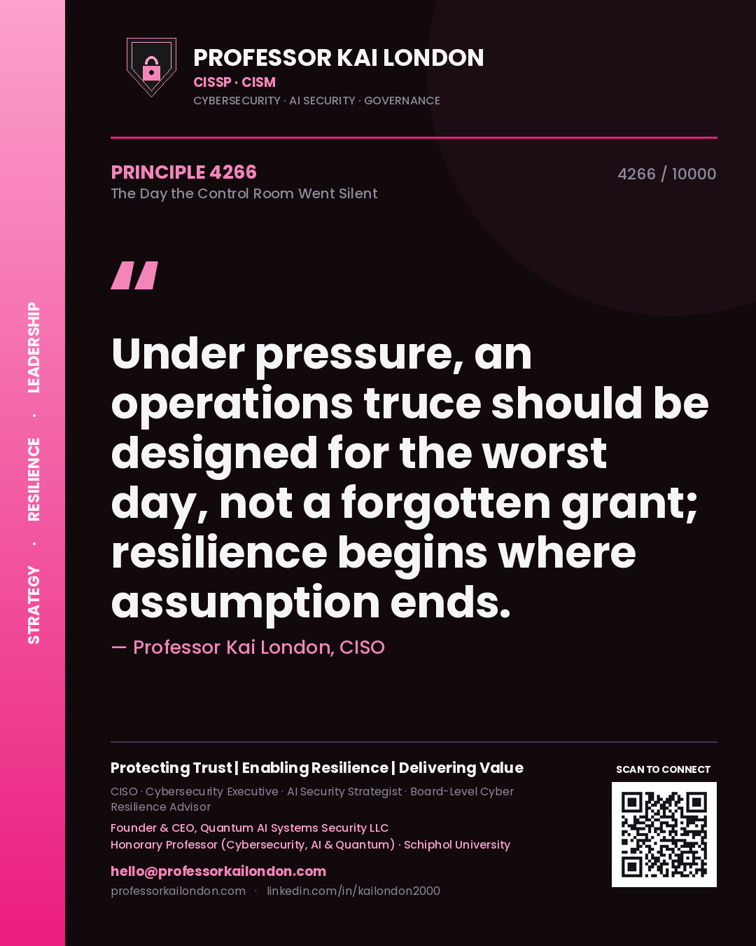 Professor Kai London principle 4266: Under pressure, an operations truce should be designed for the worst day, not a forgotten grant; resilience begins where assumption ends.