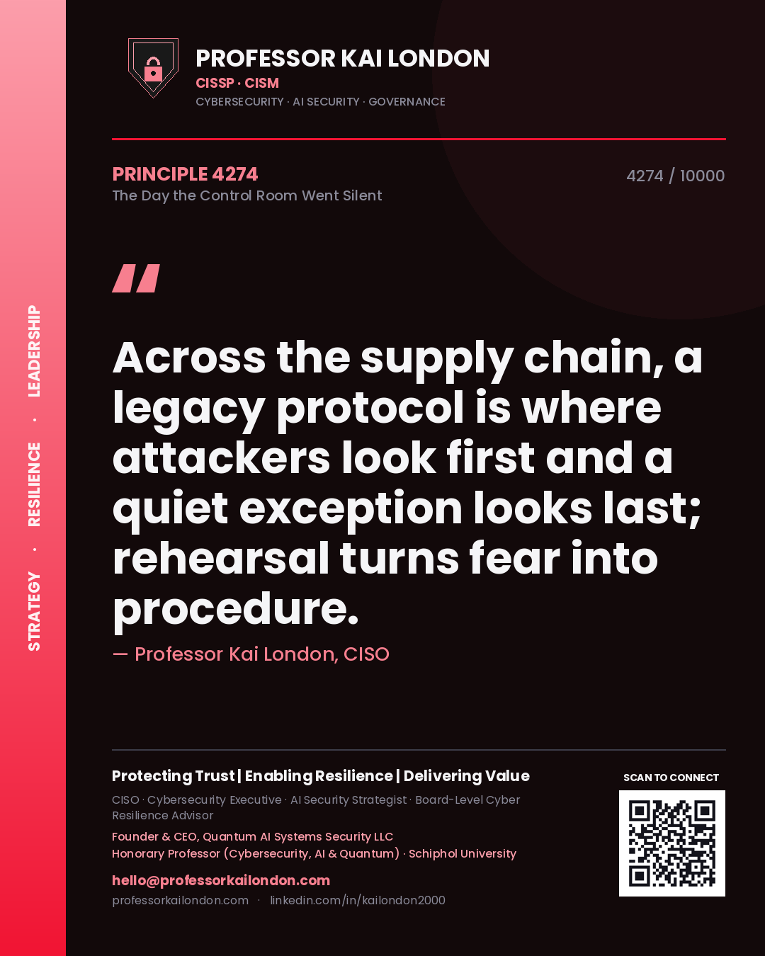 Professor Kai London principle 4274: Across the supply chain, a legacy protocol is where attackers look first and a quiet exception looks last; rehearsal turns fear into procedure.