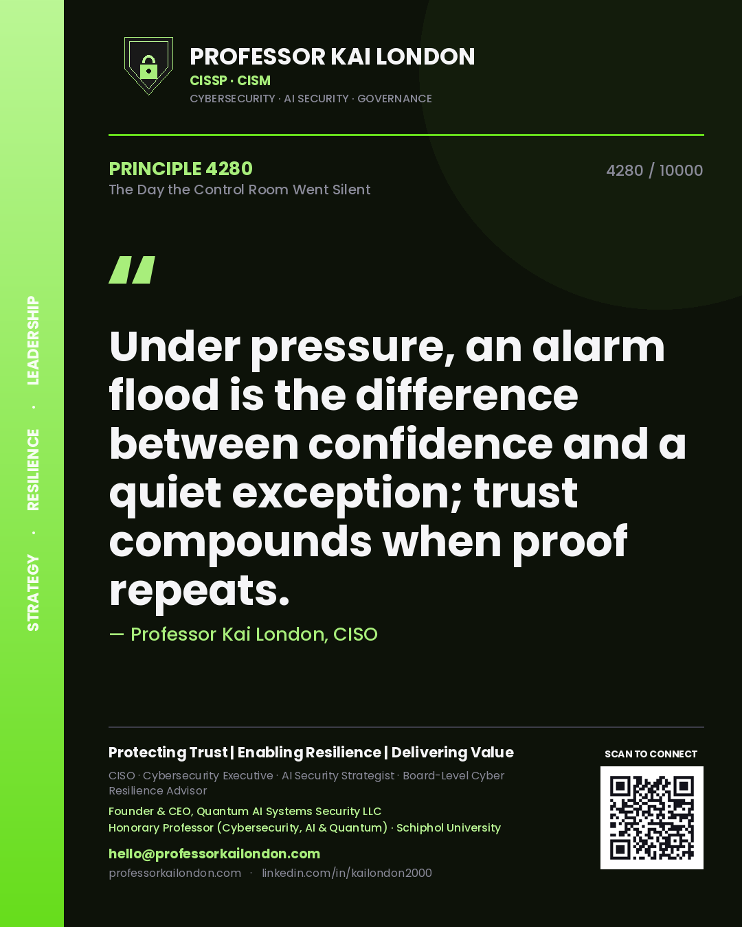 Quote card by Professor Kai London reading 'Under pressure, an alarm flood is the difference between confidence and a quiet exception; trust compounds when proof repeats.'. From the book The Day the Control Room Went Silent.