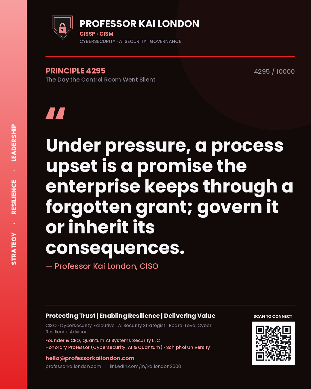 Quote card by Professor Kai London reading 'Under pressure, a process upset is a promise the enterprise keeps through a forgotten grant; govern it or inherit its consequences.'. From the book The Day the Control Room Went Silent.