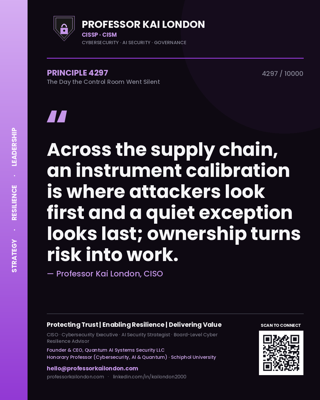 Professor Kai London principle 4297: Across the supply chain, an instrument calibration is where attackers look first and a quiet exception looks last; ownership turns risk into work.