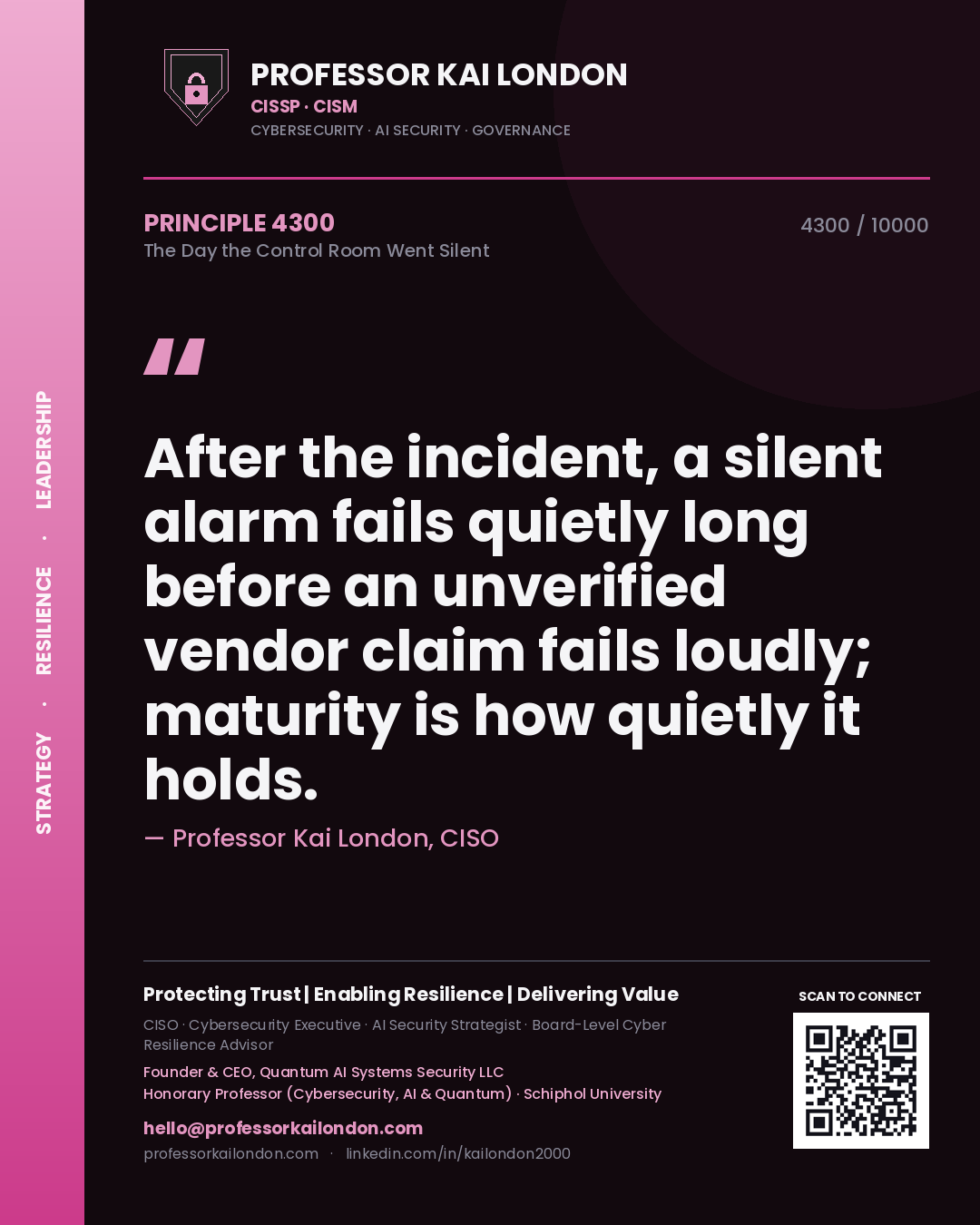 Quote card by Professor Kai London reading 'After the incident, a silent alarm fails quietly long before an unverified vendor claim fails loudly; maturity is how quietly it holds.'. From the book The Day the Control Room Went Silent.