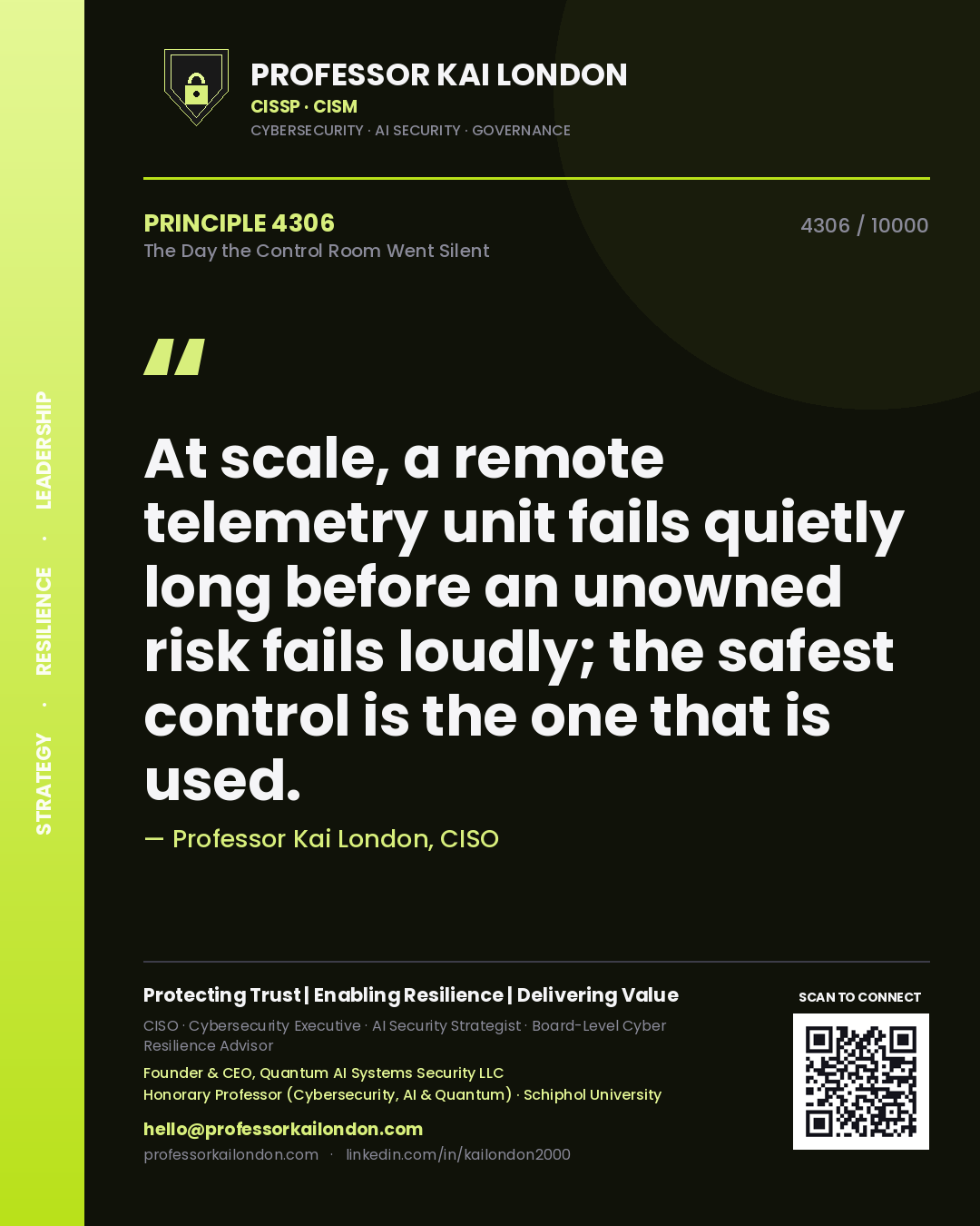 Professor Kai London principle 4306: At scale, a remote telemetry unit fails quietly long before an unowned risk fails loudly; the safest control is the one that is used.