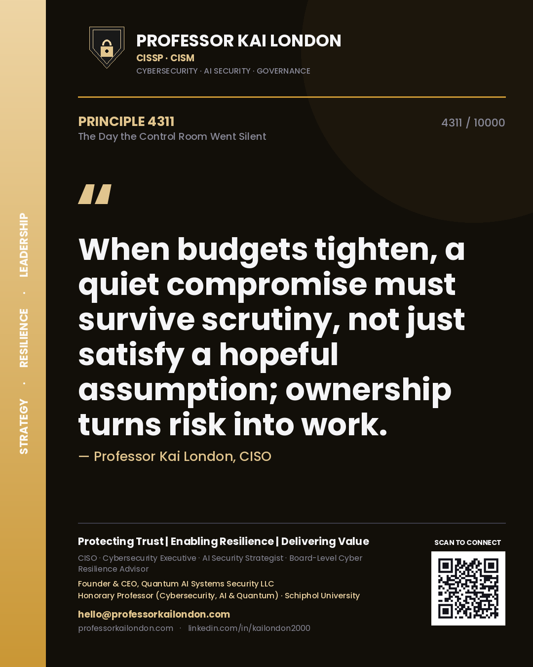 Professor Kai London principle 4311: When budgets tighten, a quiet compromise must survive scrutiny, not just satisfy a hopeful assumption; ownership turns risk into work.