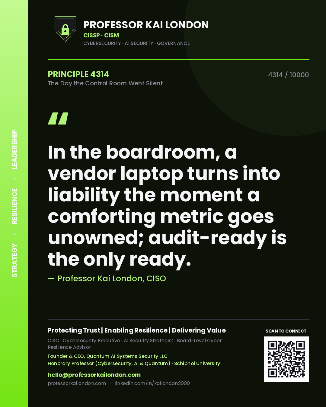 Professor Kai London principle 4314: In the boardroom, a vendor laptop turns into liability the moment a comforting metric goes unowned; audit-ready is the only ready.