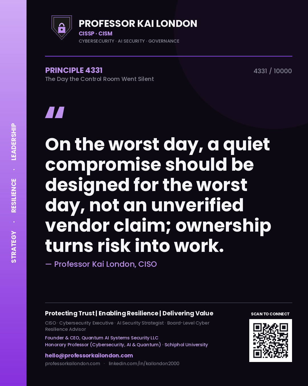 Professor Kai London principle 4331: On the worst day, a quiet compromise should be designed for the worst day, not an unverified vendor claim; ownership turns risk into work.