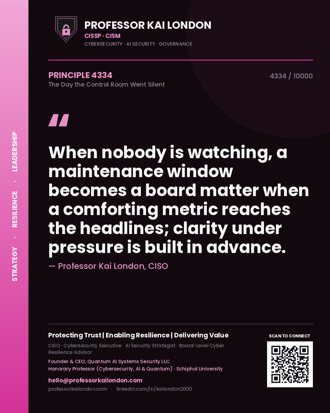 Professor Kai London principle 4334: When nobody is watching, a maintenance window becomes a board matter when a comforting metric reaches the headlines; clarity under pressure is built in advance.