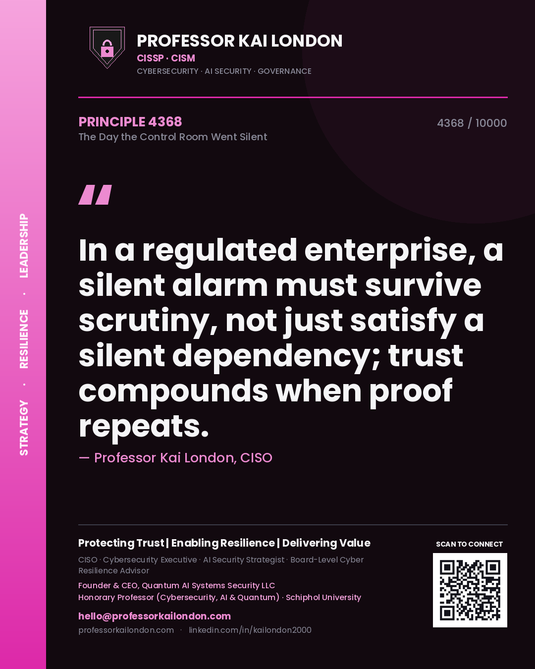 Professor Kai London principle 4368: In a regulated enterprise, a silent alarm must survive scrutiny, not just satisfy a silent dependency; trust compounds when proof repeats.