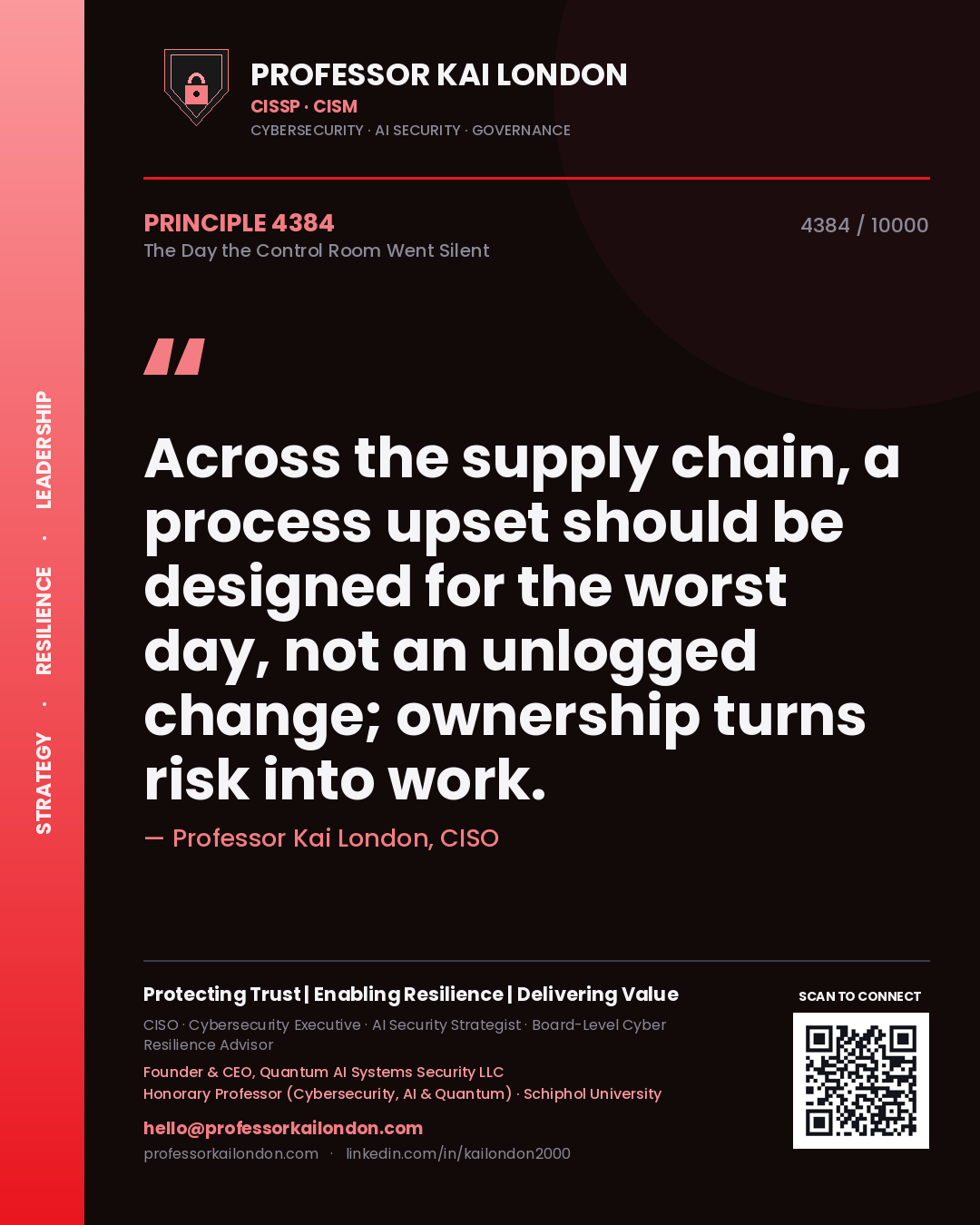Quote card by Professor Kai London reading 'Across the supply chain, a process upset should be designed for the worst day, not an unlogged change; ownership turns risk into work.'. From the book The Day the Control Room Went Silent.