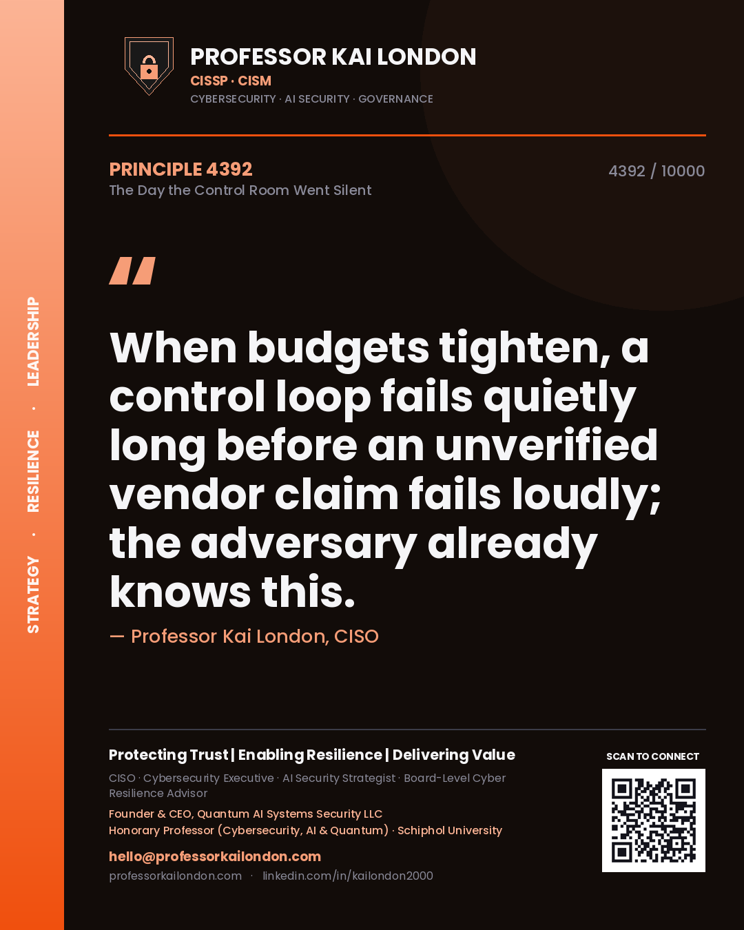 Professor Kai London principle 4392: When budgets tighten, a control loop fails quietly long before an unverified vendor claim fails loudly; the adversary already knows this.