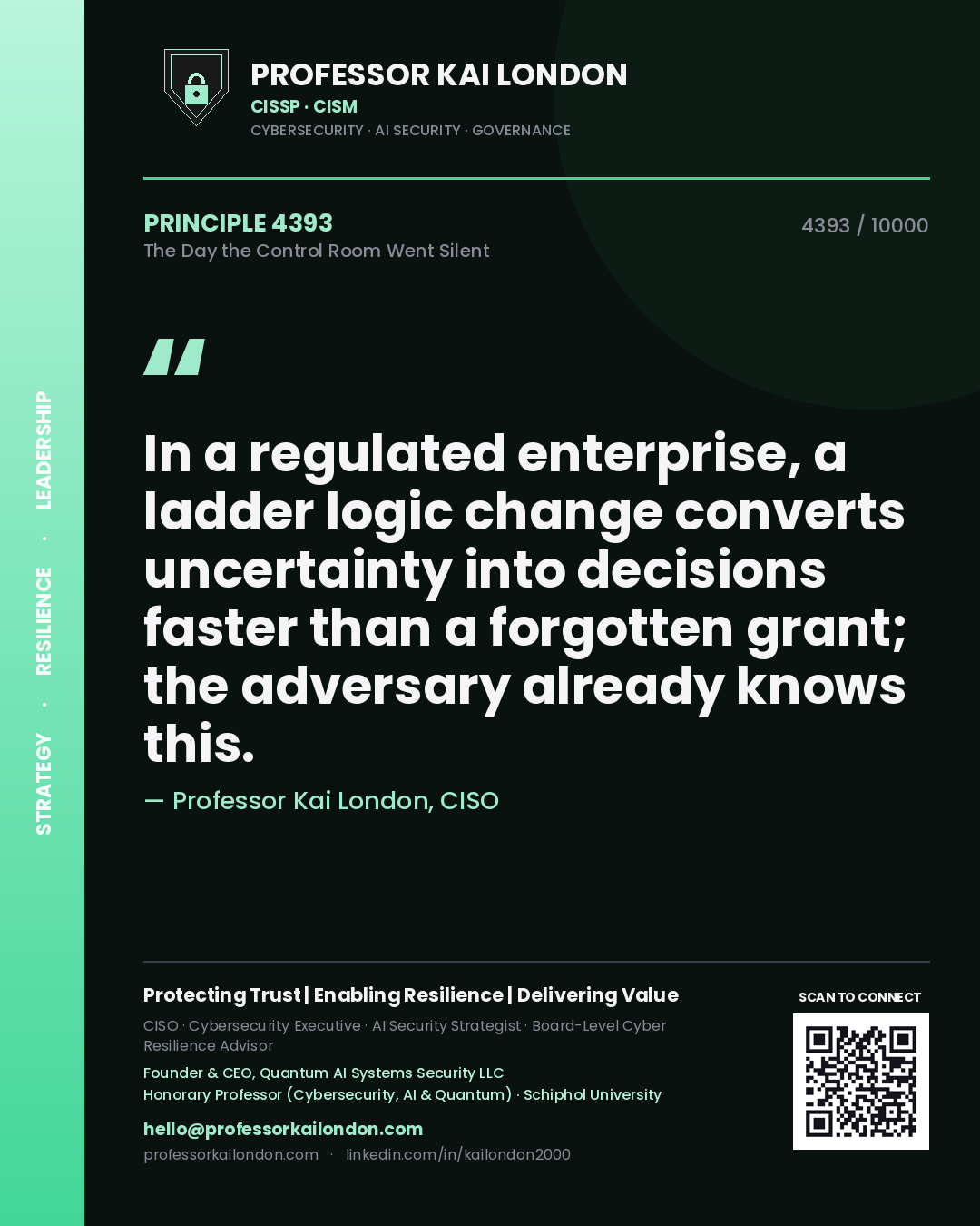 Quote card by Professor Kai London reading 'In a regulated enterprise, a ladder logic change converts uncertainty into decisions faster than a forgotten grant; the adversary already knows this.'. From the book The Day the Control Room Went Silent.