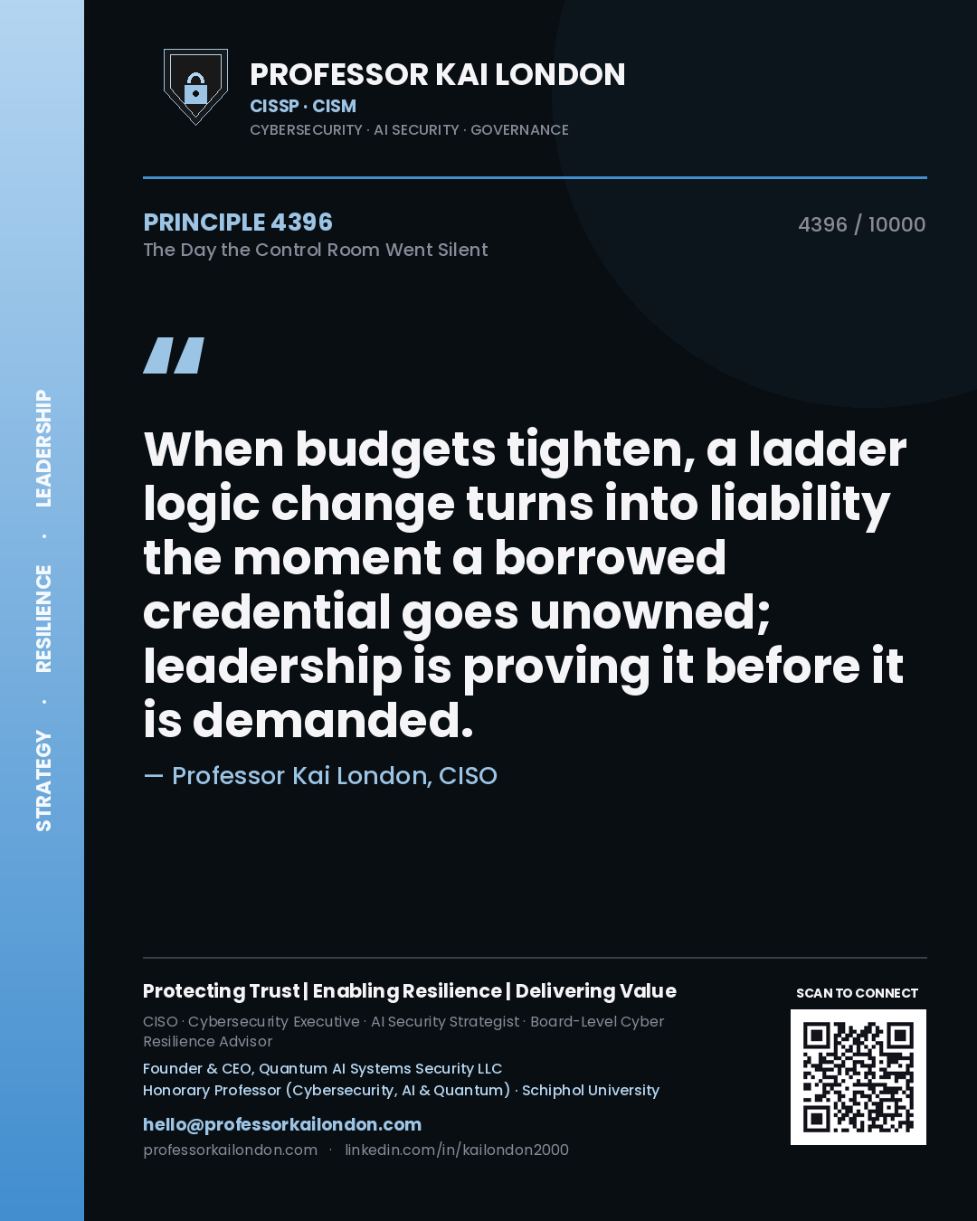 Quote card by Professor Kai London reading 'When budgets tighten, a ladder logic change turns into liability the moment a borrowed credential goes unowned; leadership is proving it before it is demanded.'. From the book The Day the Control Room Went Silent.