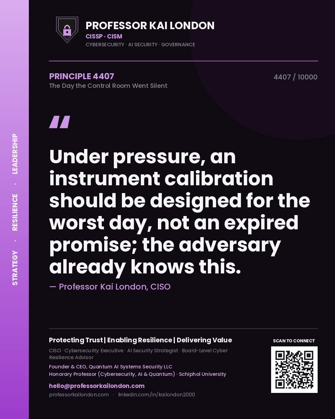 Quote card by Professor Kai London reading 'Under pressure, an instrument calibration should be designed for the worst day, not an expired promise; the adversary already knows this.'. From the book The Day the Control Room Went Silent.