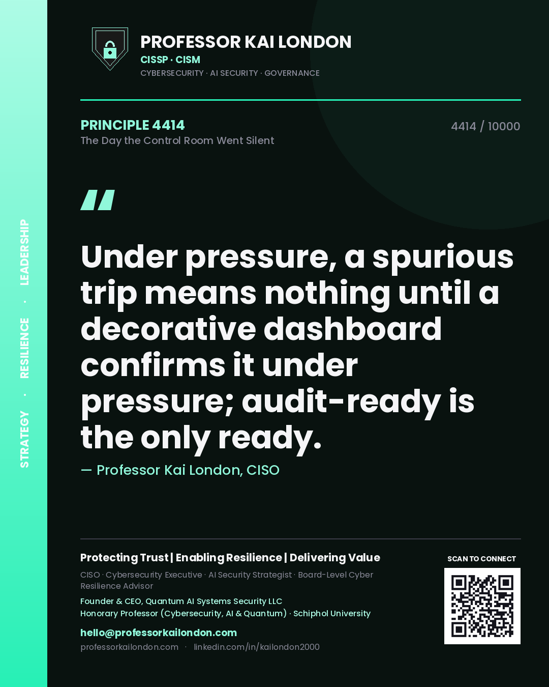 Quote card by Professor Kai London reading 'Under pressure, a spurious trip means nothing until a decorative dashboard confirms it under pressure; audit-ready is the only ready.'. From the book The Day the Control Room Went Silent.