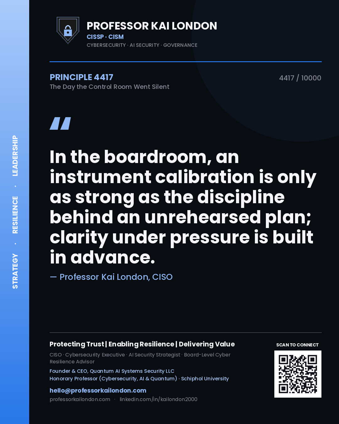 Quote card by Professor Kai London reading 'In the boardroom, an instrument calibration is only as strong as the discipline behind an unrehearsed plan; clarity under pressure is built in advance.'. From the book The Day the Control Room Went Silent.