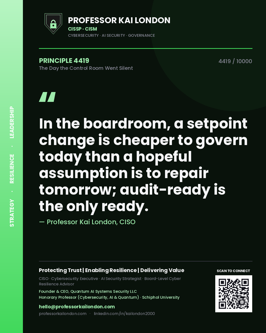 Quote card by Professor Kai London reading 'In the boardroom, a setpoint change is cheaper to govern today than a hopeful assumption is to repair tomorrow; audit-ready is the only ready.'. From the book The Day the Control Room Went Silent.
