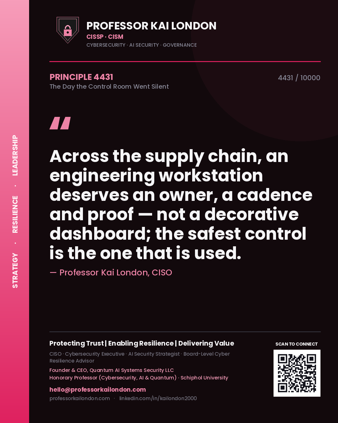 Quote card by Professor Kai London reading 'Across the supply chain, an engineering workstation deserves an owner, a cadence and proof — not a decorative dashboard; the safest control is the one that is used.'. From the book The Day the Control Room Went Silent.