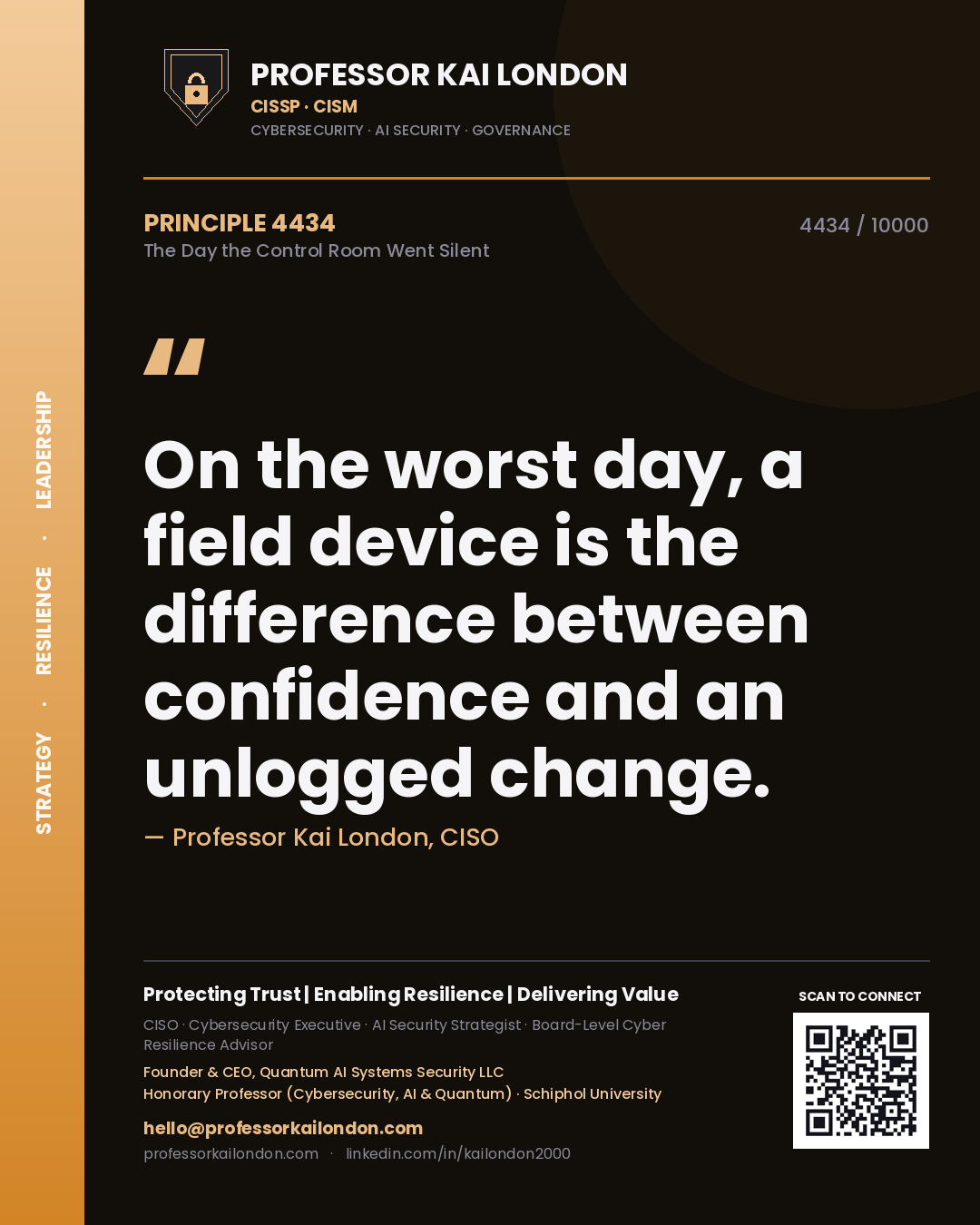 Quote card by Professor Kai London reading 'On the worst day, a field device is the difference between confidence and an unlogged change.'. From the book The Day the Control Room Went Silent.