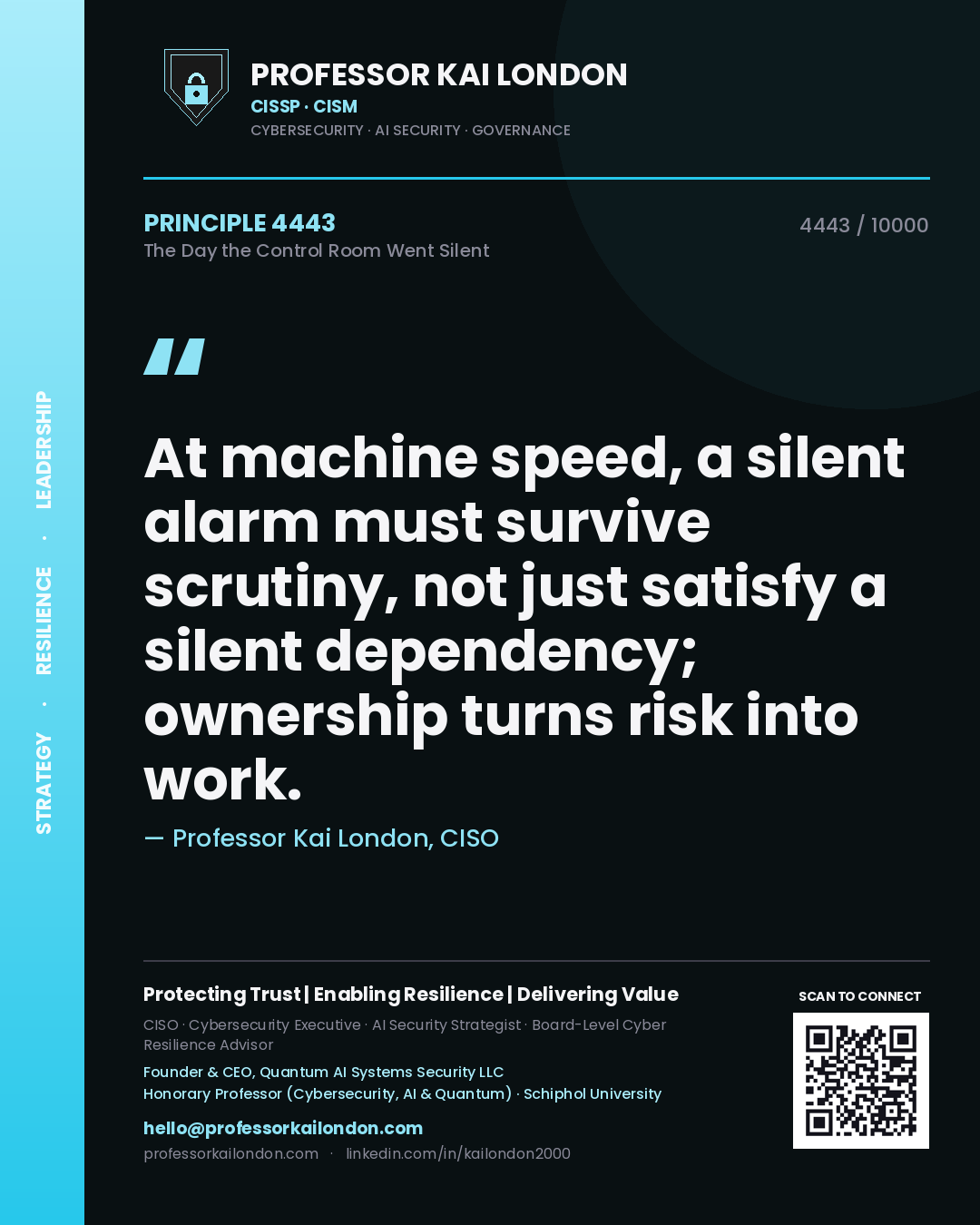 Quote card by Professor Kai London reading 'At machine speed, a silent alarm must survive scrutiny, not just satisfy a silent dependency; ownership turns risk into work.'. From the book The Day the Control Room Went Silent.