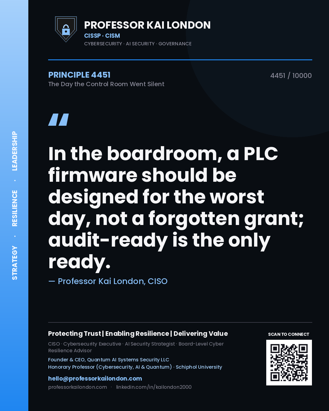 Quote card by Professor Kai London reading 'In the boardroom, a PLC firmware should be designed for the worst day, not a forgotten grant; audit-ready is the only ready.'. From the book The Day the Control Room Went Silent.