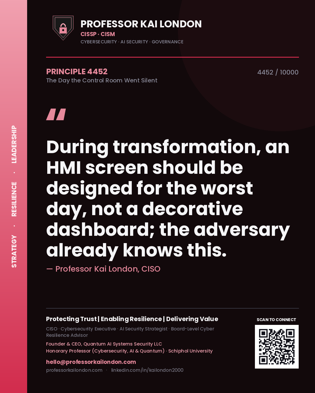 Quote card by Professor Kai London reading 'During transformation, an HMI screen should be designed for the worst day, not a decorative dashboard; the adversary already knows this.'. From the book The Day the Control Room Went Silent.