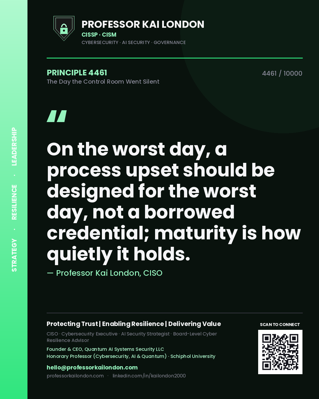 Quote card by Professor Kai London reading 'On the worst day, a process upset should be designed for the worst day, not a borrowed credential; maturity is how quietly it holds.'. From the book The Day the Control Room Went Silent.