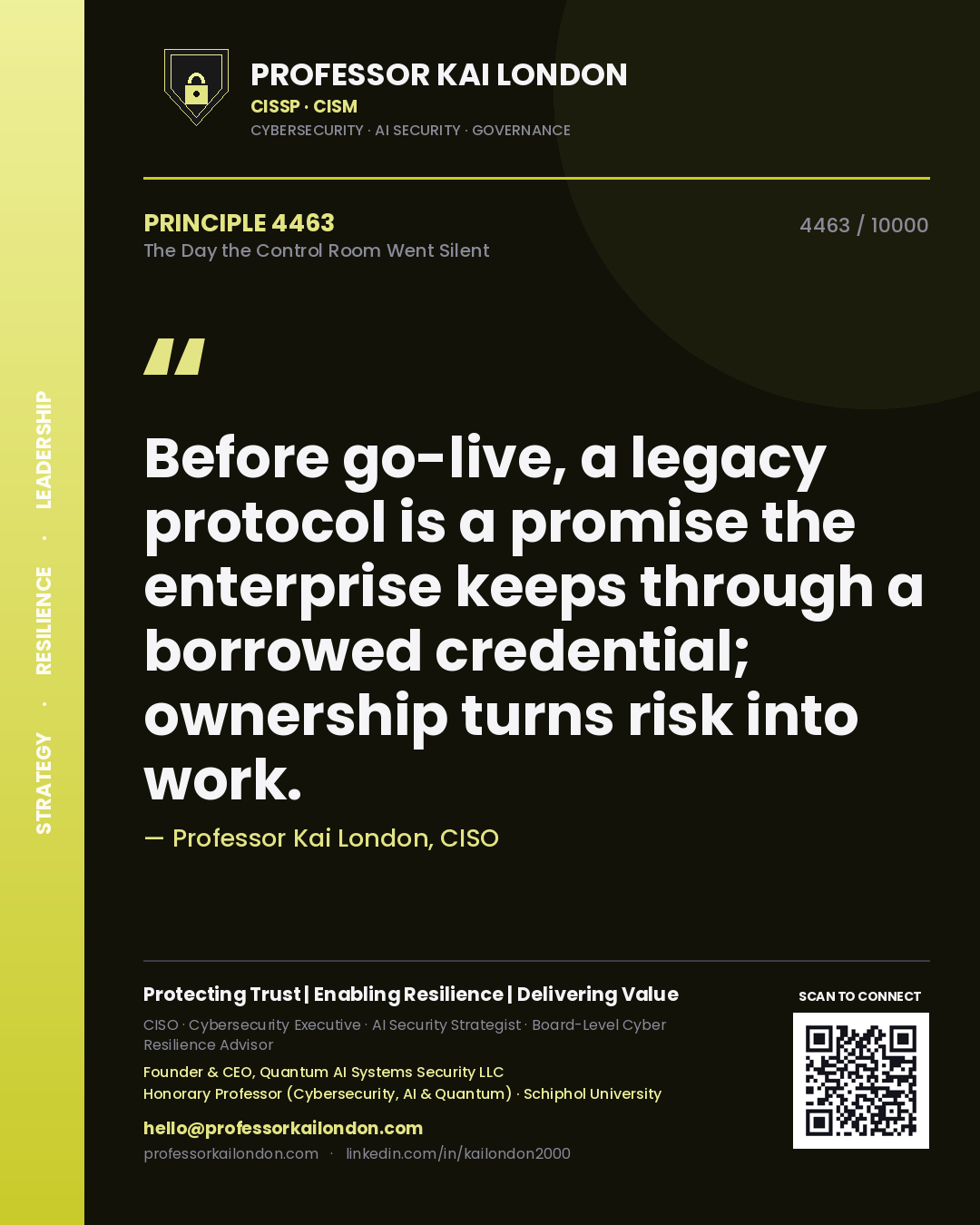 Professor Kai London principle 4463: Before go-live, a legacy protocol is a promise the enterprise keeps through a borrowed credential; ownership turns risk into work.