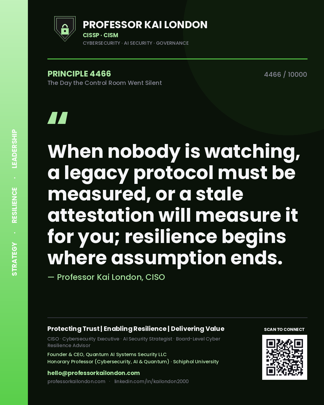Quote card by Professor Kai London reading 'When nobody is watching, a legacy protocol must be measured, or a stale attestation will measure it for you; resilience begins where assumption ends.'. From the book The Day the Control Room Went Silent.