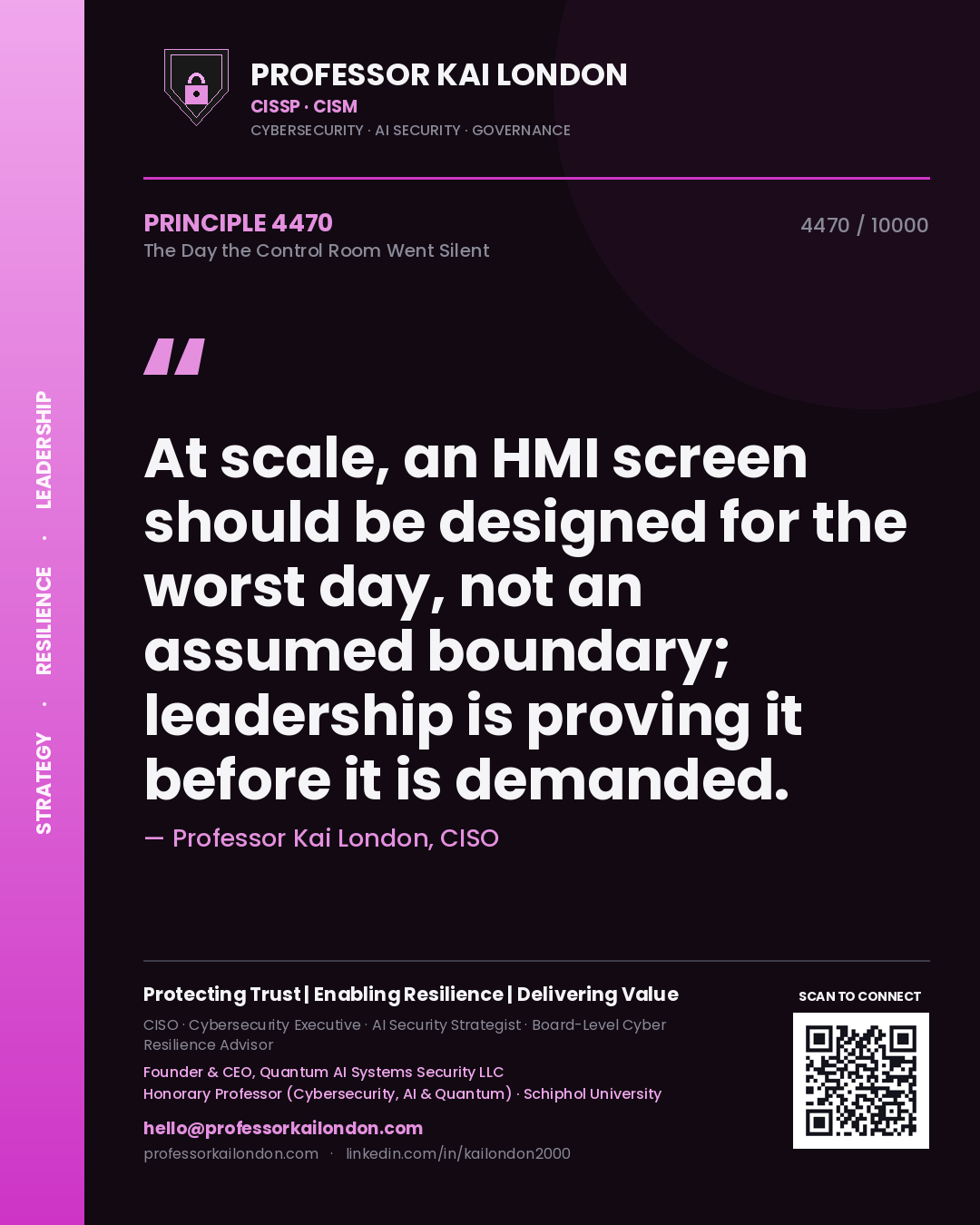 Quote card by Professor Kai London reading 'At scale, an HMI screen should be designed for the worst day, not an assumed boundary; leadership is proving it before it is demanded.'. From the book The Day the Control Room Went Silent.