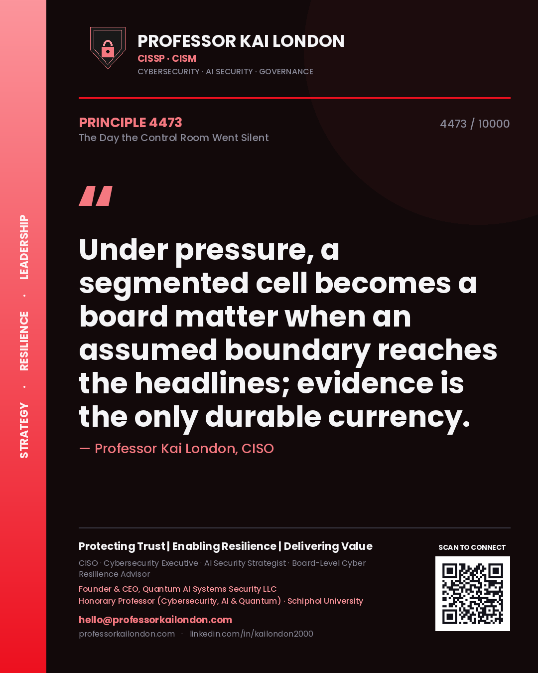 Quote card by Professor Kai London reading 'Under pressure, a segmented cell becomes a board matter when an assumed boundary reaches the headlines; evidence is the only durable currency.'. From the book The Day the Control Room Went Silent.