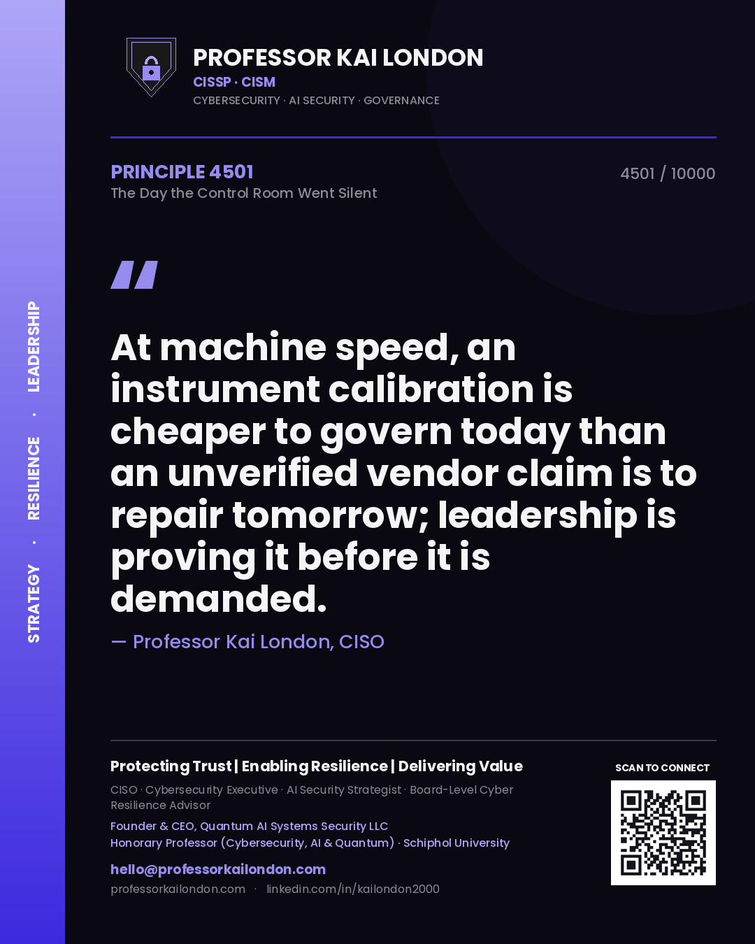 Professor Kai London principle 4501: At machine speed, an instrument calibration is cheaper to govern today than an unverified vendor claim is to repair tomorrow; leadership is proving it before it is demanded.