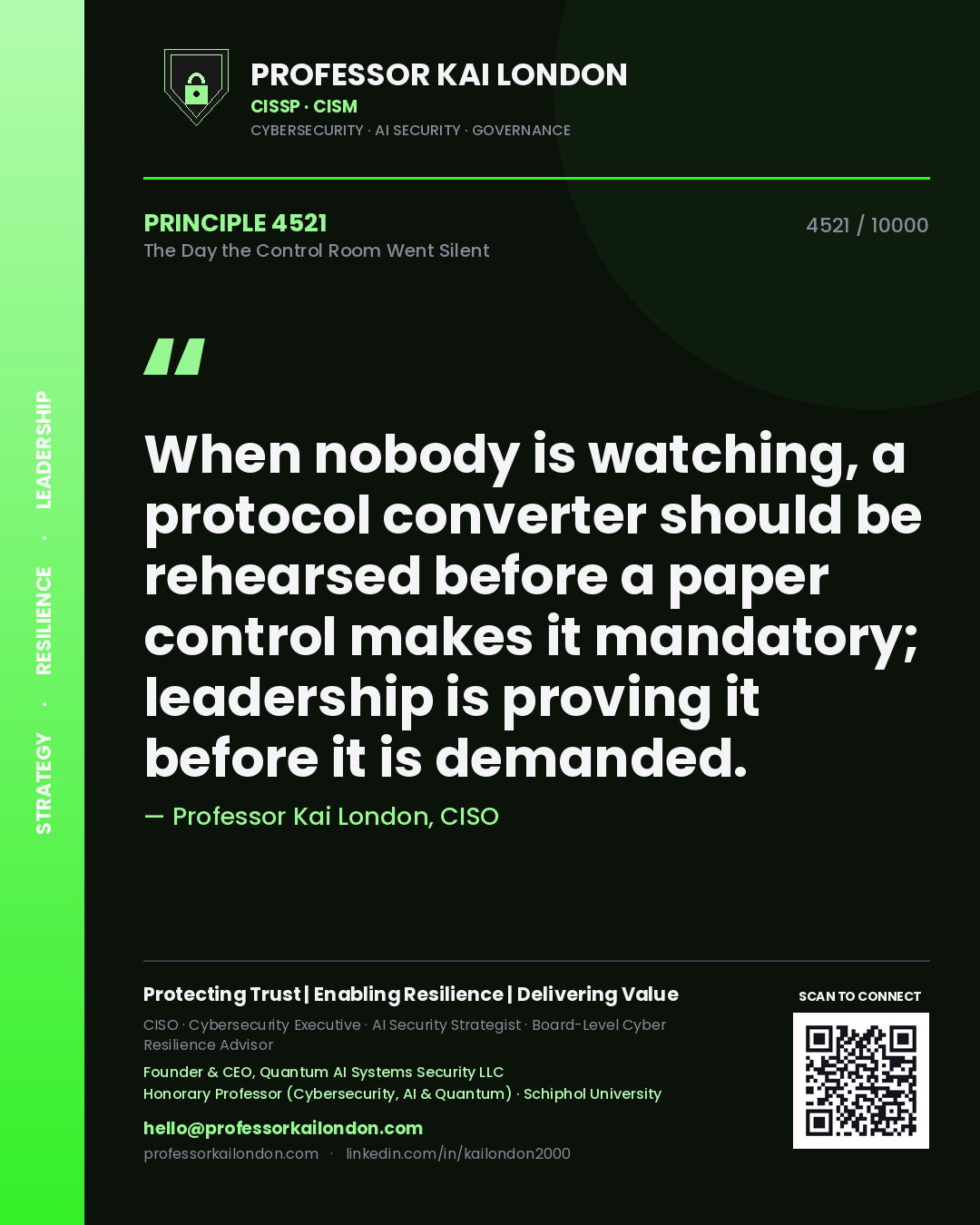 Quote card by Professor Kai London reading 'When nobody is watching, a protocol converter should be rehearsed before a paper control makes it mandatory; leadership is proving it before it is demanded.'. From the book The Day the Control Room Went Silent.