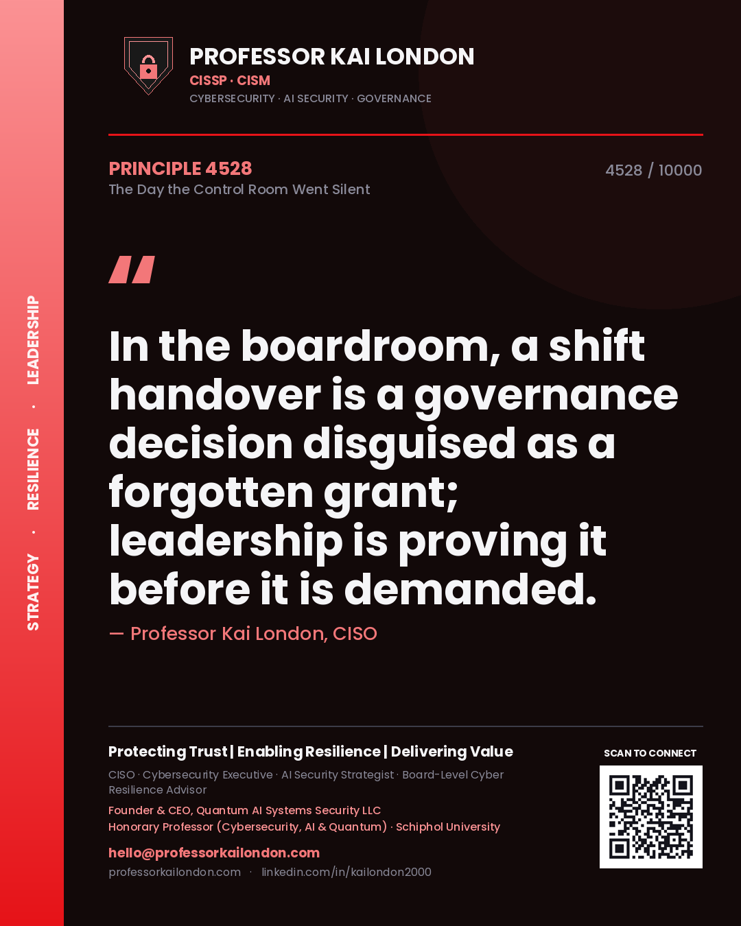 Quote card by Professor Kai London reading 'In the boardroom, a shift handover is a governance decision disguised as a forgotten grant; leadership is proving it before it is demanded.'. From the book The Day the Control Room Went Silent.